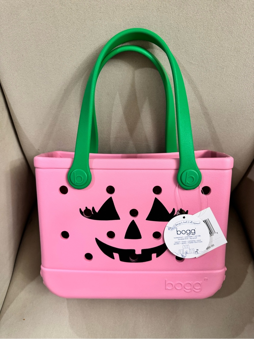 BOGG BAG Pink Tote with Green Handles - Halloween Jack-O'-Lantern Cutout